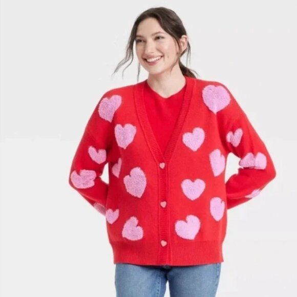 33 Degrees Sweaters - 33 Degree Red Pink Hearts Cardigan Sweater NWT XXL
